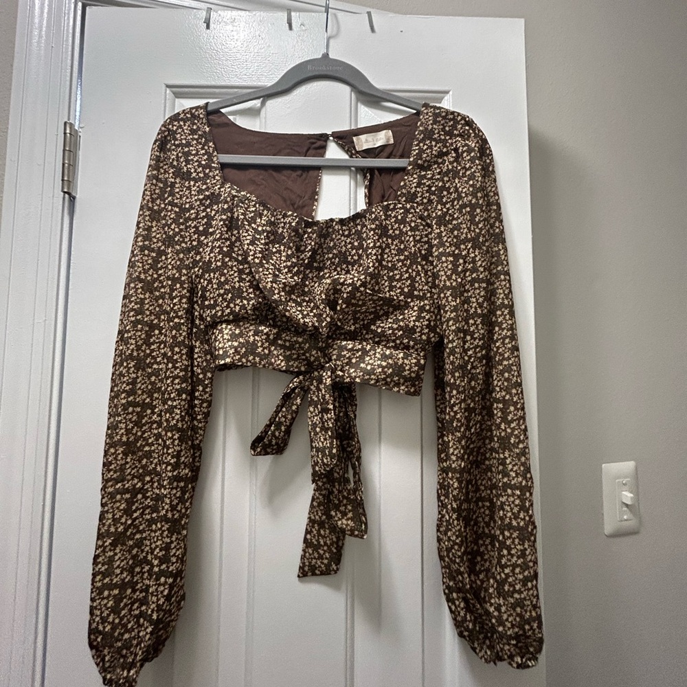 Altar'd State Brown and Tan Crop Tie Front Blouse